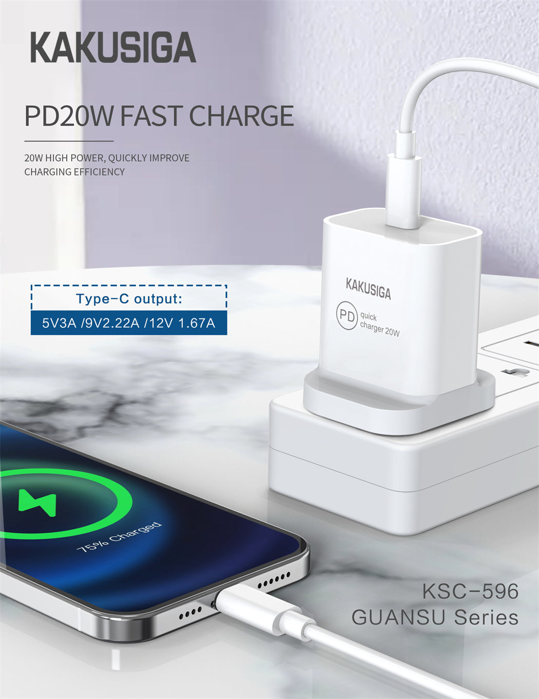 Kakusiga KSC-596 GUANSU Series PD20W Fast Charger Set (British Standard)