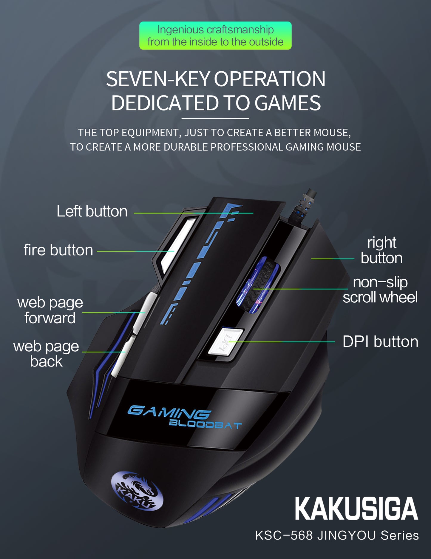 KSC-568 JINGYOU Gaming Dazzle Luminous Mouse - KAKUSIGA gaming dazzle luminous mouse 7 keys Wired optical Mouse for OEM