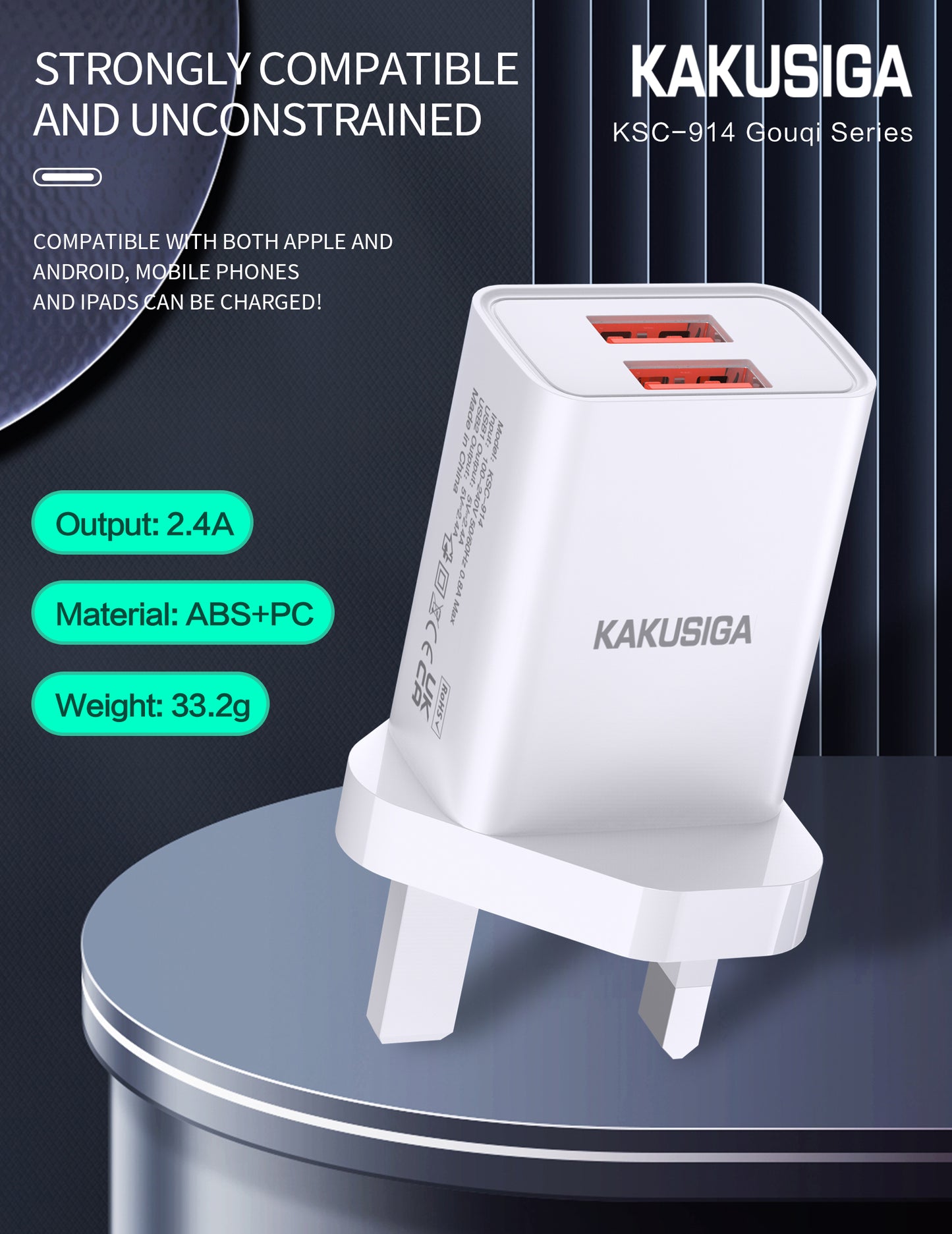 KAKUSIGA KSC-914 GOUQI series Dual port charger (UK) charger 2.4A fast charing dual usb charger adapter for phone type c micro ABS PC dual-port USB wall phone charger