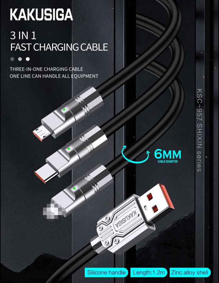 KAKUSIGA KSC-957 SHIXIN Quick Charging 3 in 1 Cable Usb C Wall Cable with Zinc Alloy Shell