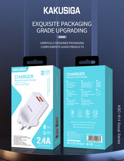 KAKUSIGA KSC-914 GOUQI series Dual port charger (UK) charger 2.4A fast charing dual usb charger adapter for phone type c micro ABS PC dual-port USB wall phone charger